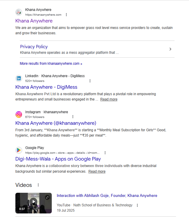 Google search results and business profile for Khana Anywhere 1