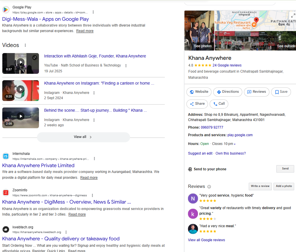 Google search results and business profile for Khana Anywhere 2