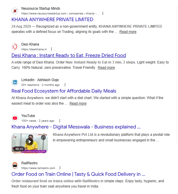 Google search results and business profile for Khana Anywhere 5