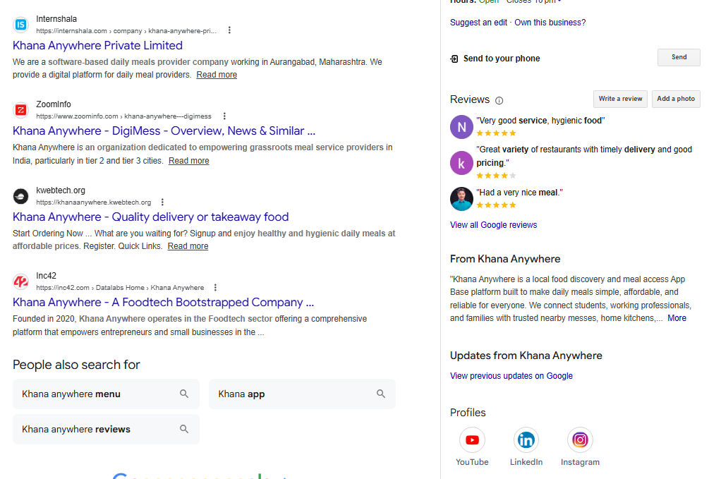 Google search results and business profile for Khana Anywhere 6