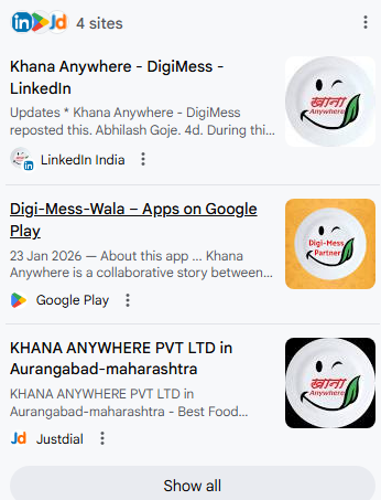 Google search results and business profile for Khana Anywhere 8